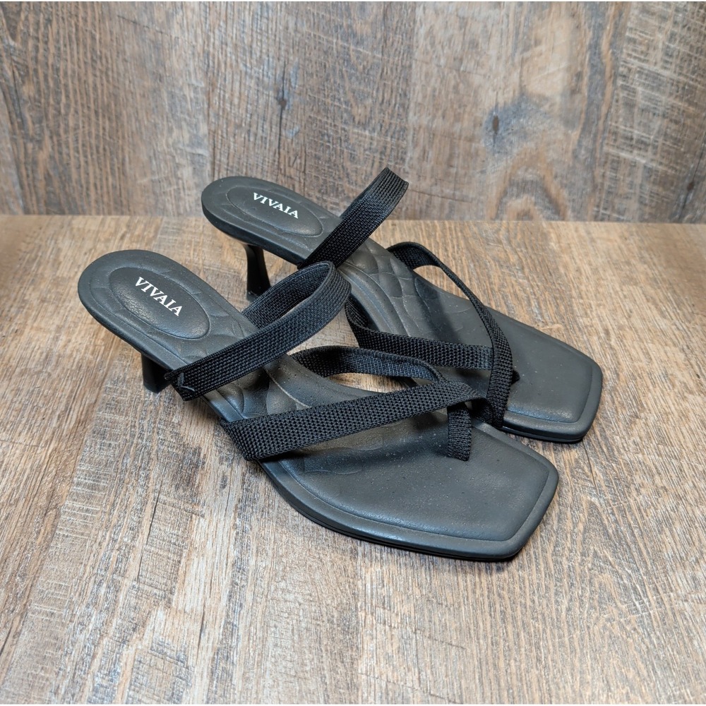 Vivaia Alina Square-Toe Mid Kitten Heel Strappy Sandals Women's Size 9.5 Black
